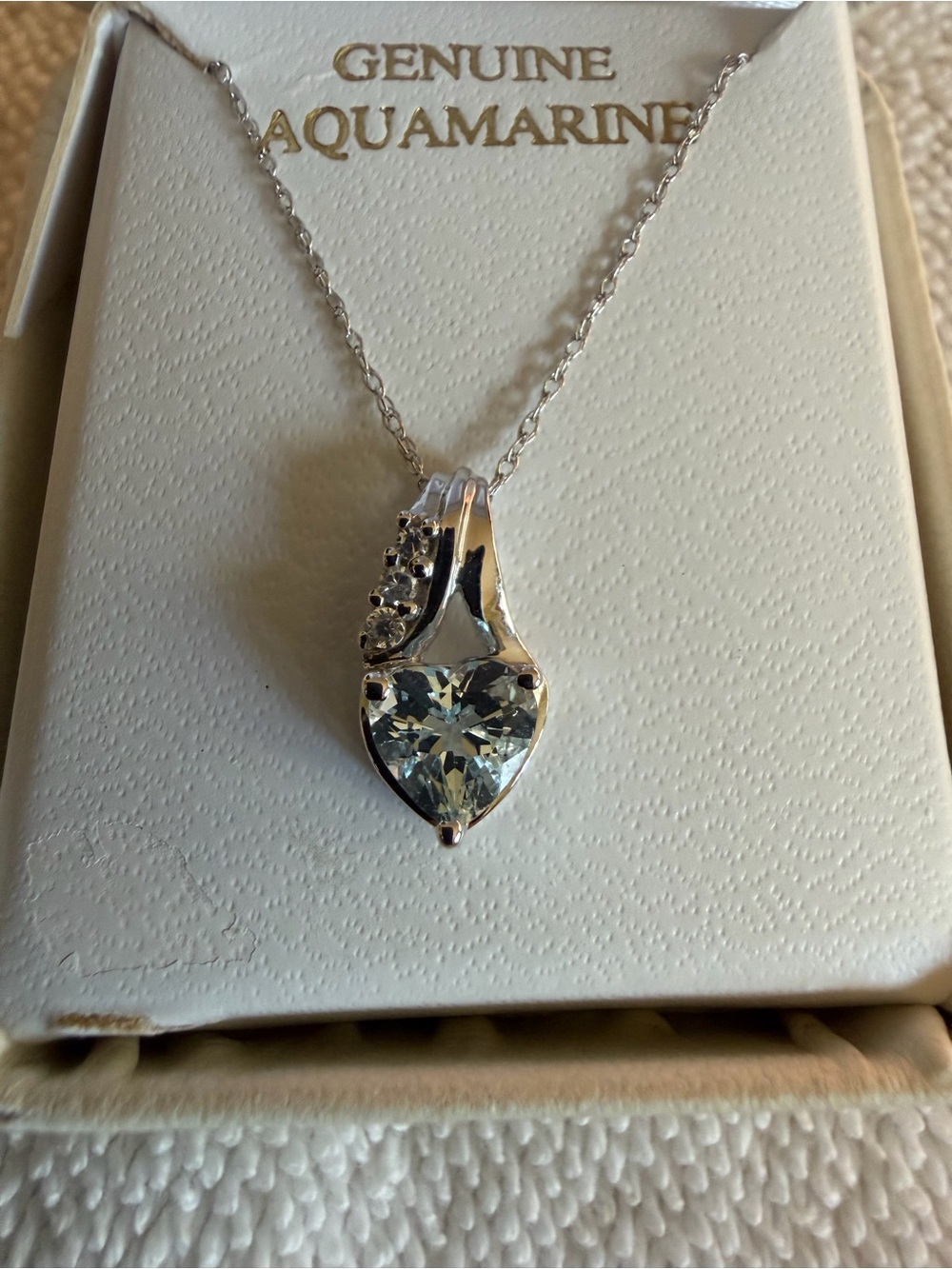 Aquamarine Heart Pendant with CZ Necklace 10k White Gold